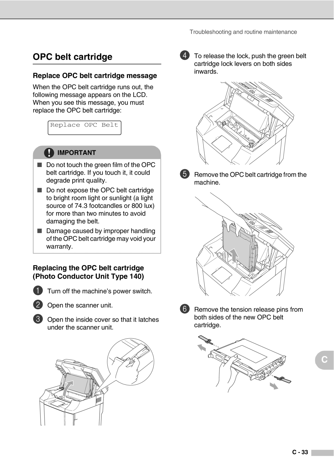 Savin SPC210SF manual Replace OPC belt cartridge message, Replacing the OPC belt cartridge Photo Conductor Unit Type 