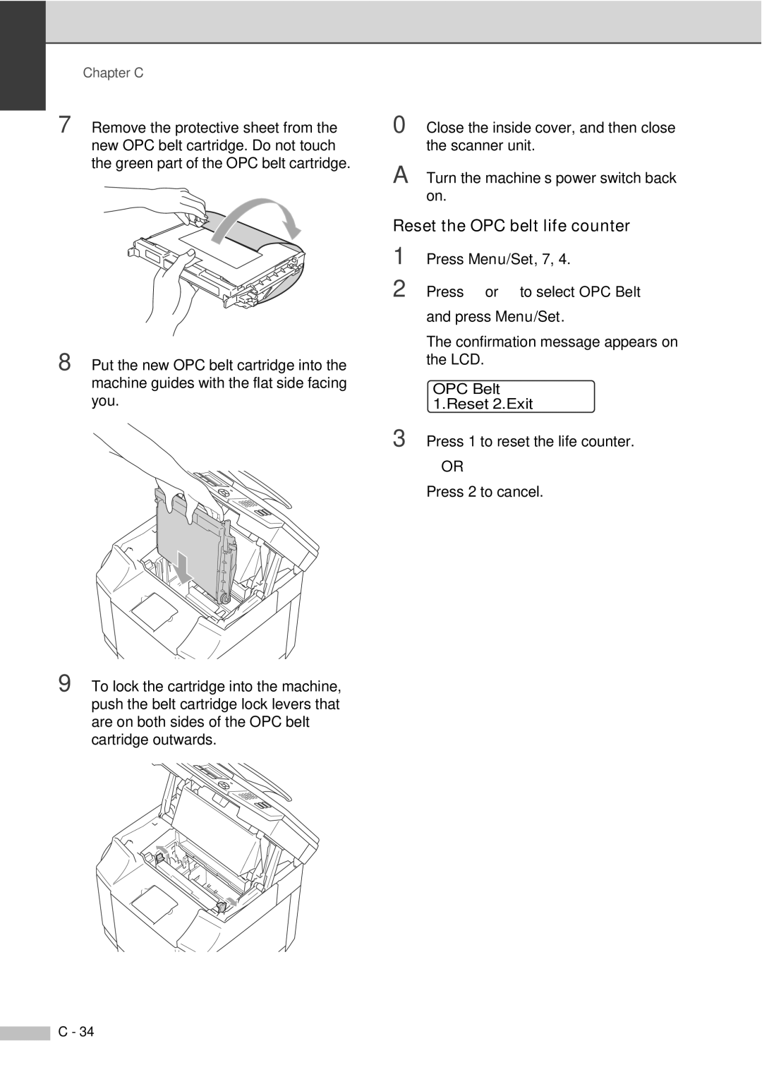 Savin SPC210SF manual Reset the OPC belt life counter 