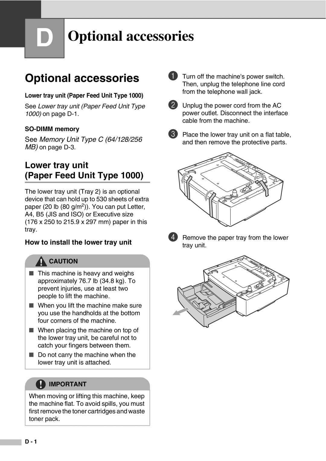 Savin SPC210SF manual Optional accessories, Lower tray unit Paper Feed Unit Type, How to install the lower tray unit 