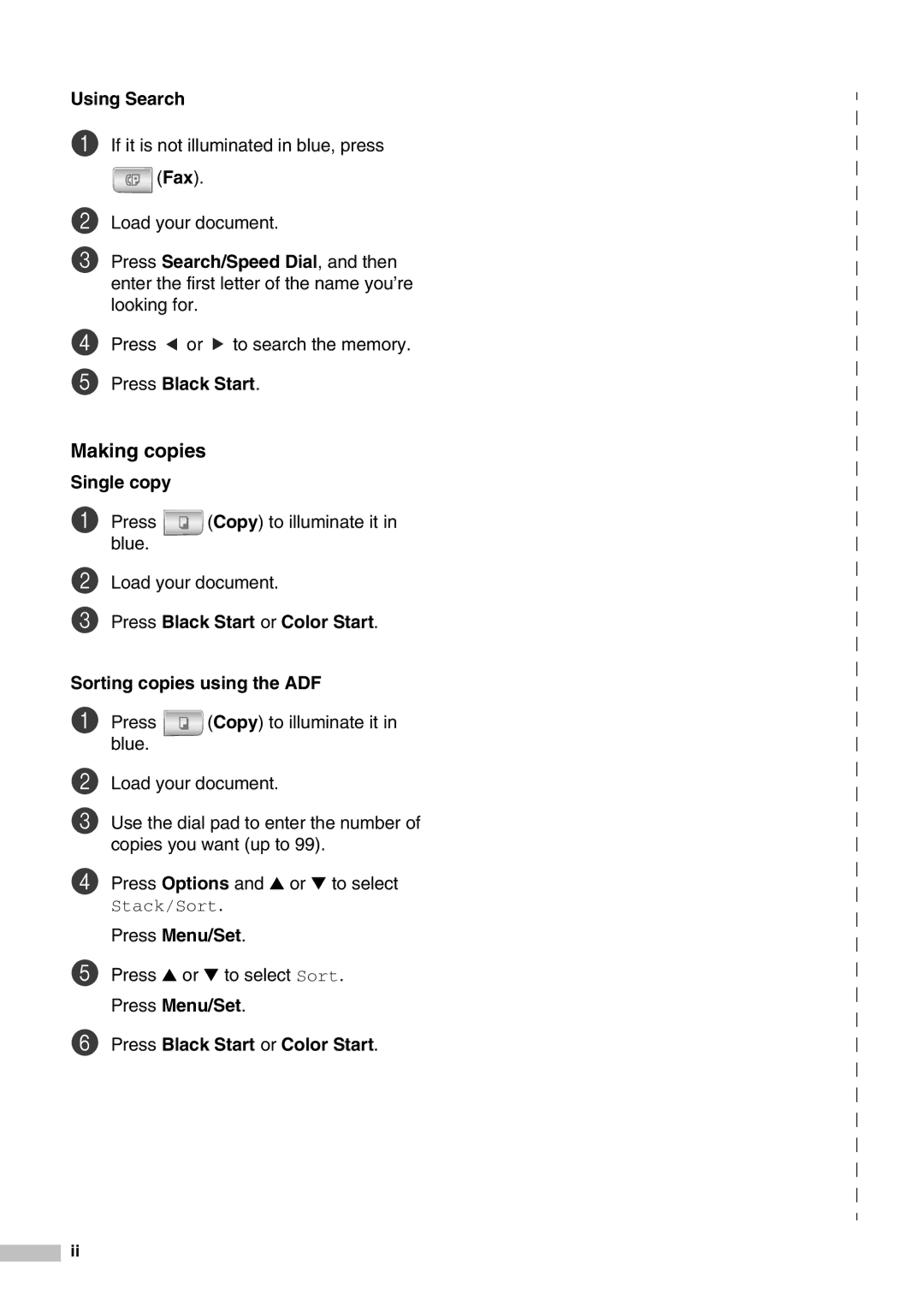 Savin SPC210SF manual Making copies, Using Search, Single copy, Press Black Start or Color Start 