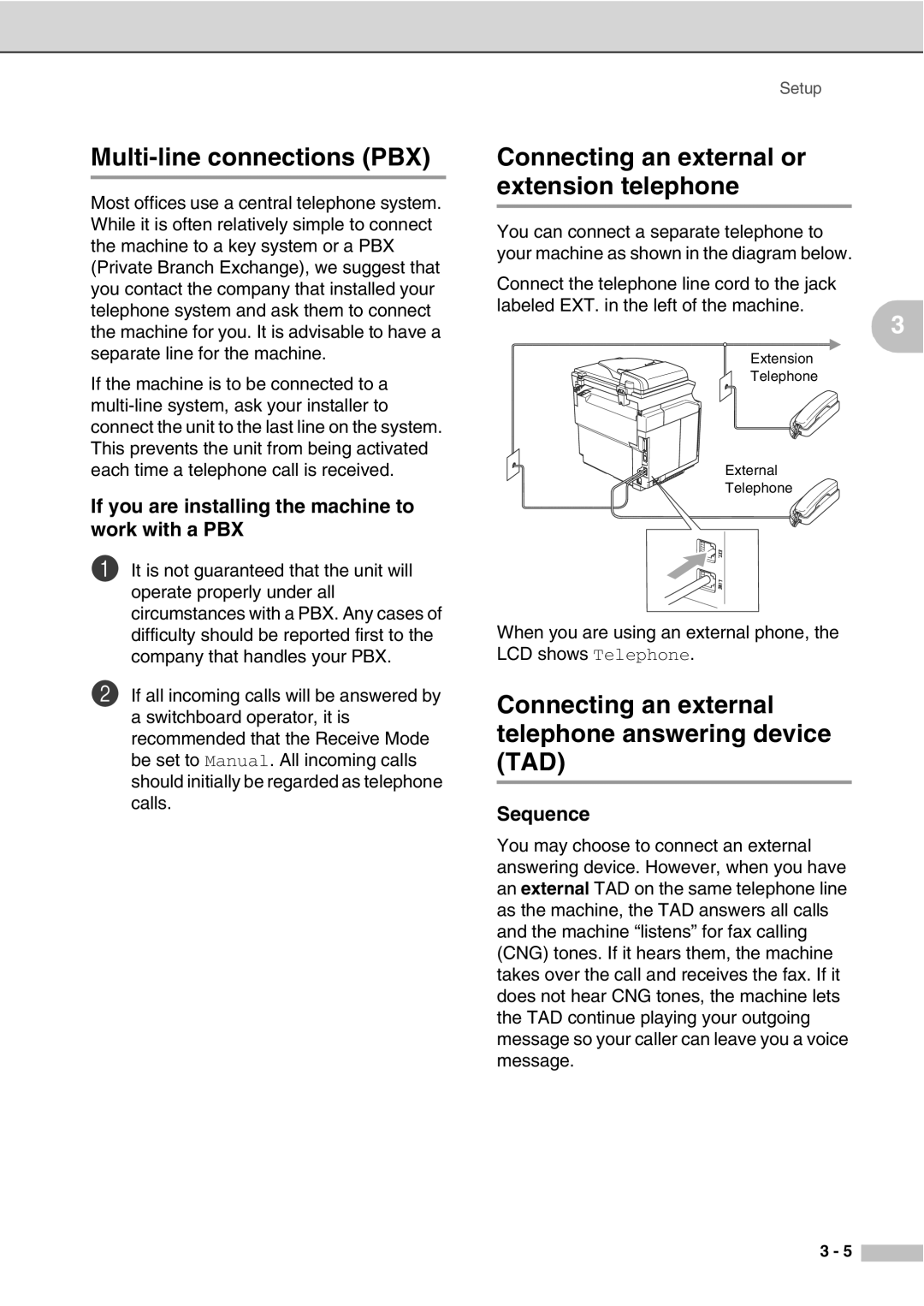 Savin SPC210SF manual Multi-line connections PBX, Connecting an external or extension telephone, Sequence 