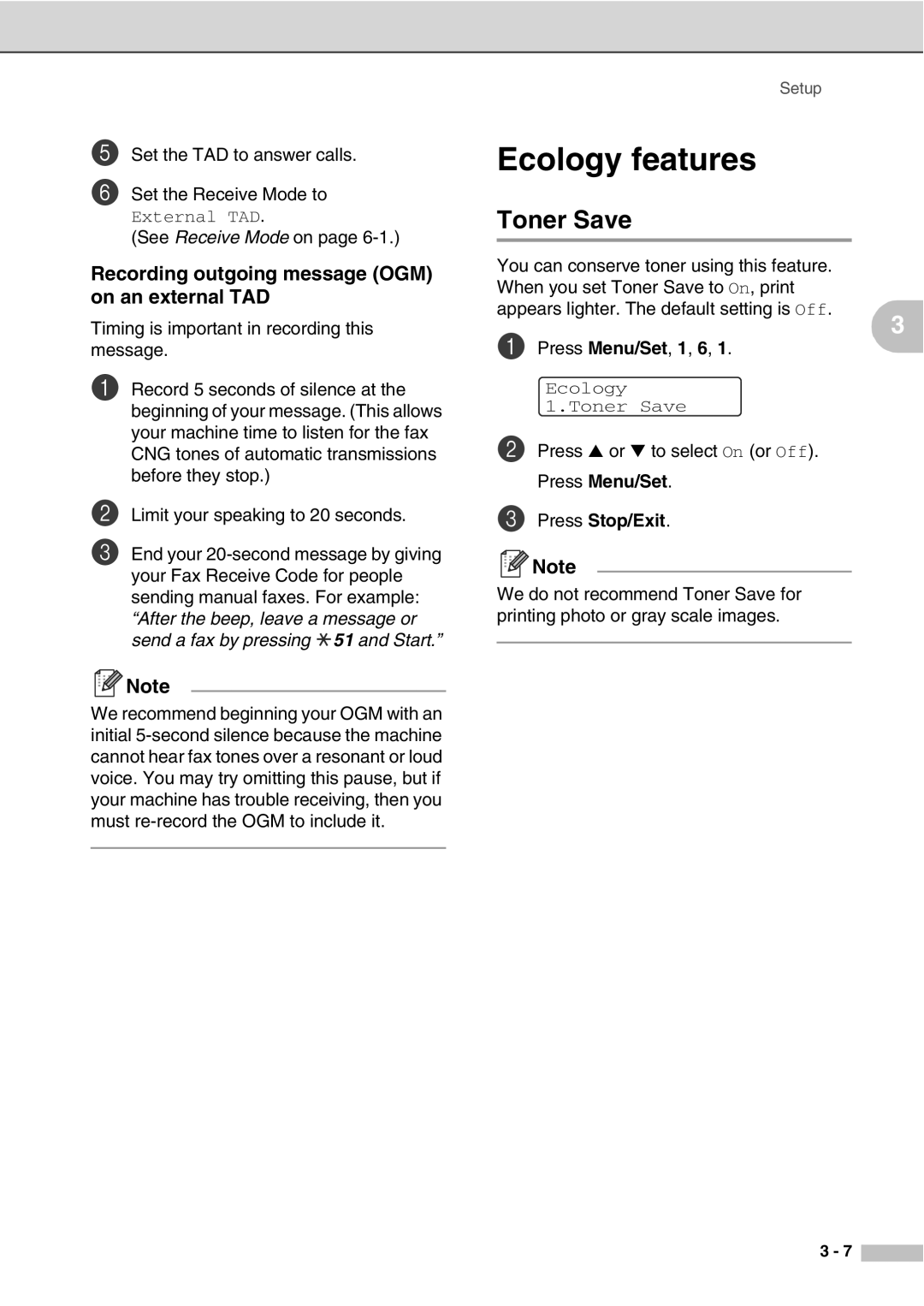 Savin SPC210SF manual Ecology features, Toner Save, Recording outgoing message OGM on an external TAD 