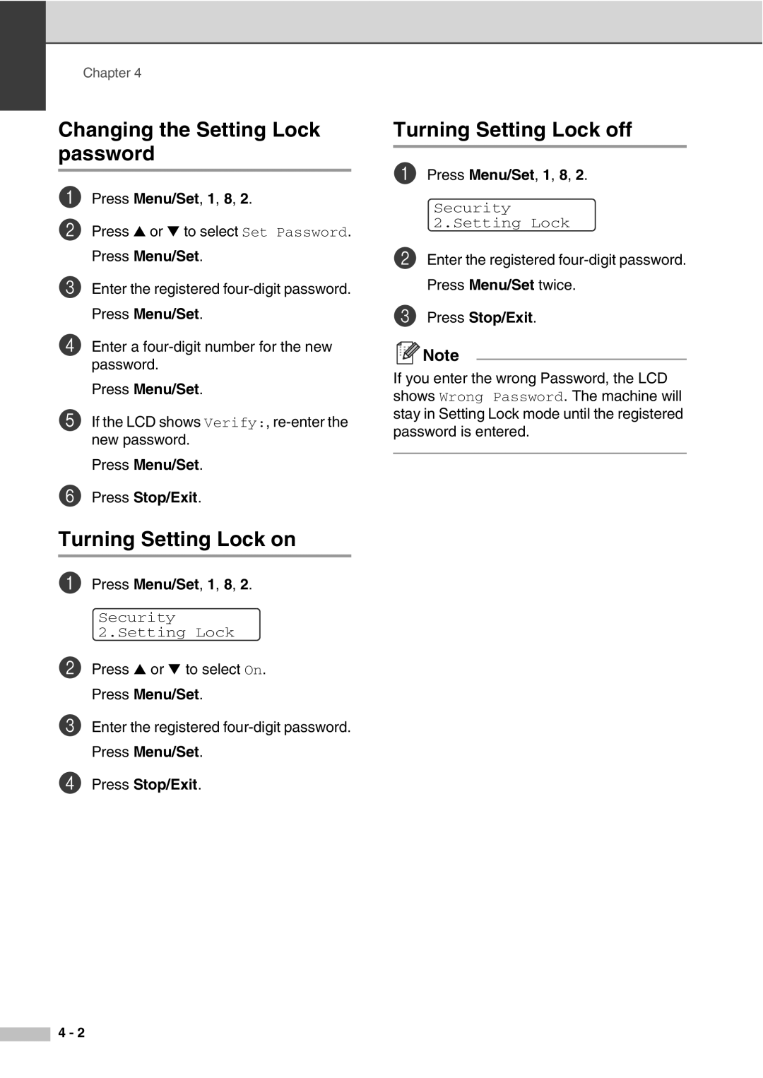 Savin SPC210SF manual Changing the Setting Lock password, Turning Setting Lock on, Turning Setting Lock off 