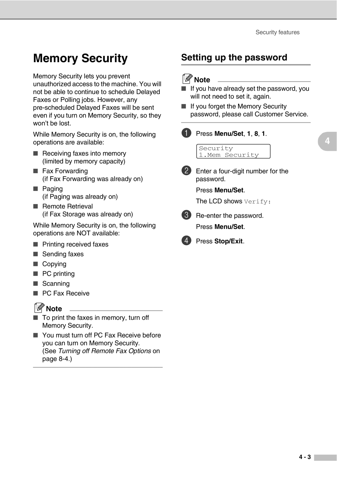 Savin SPC210SF manual Memory Security 