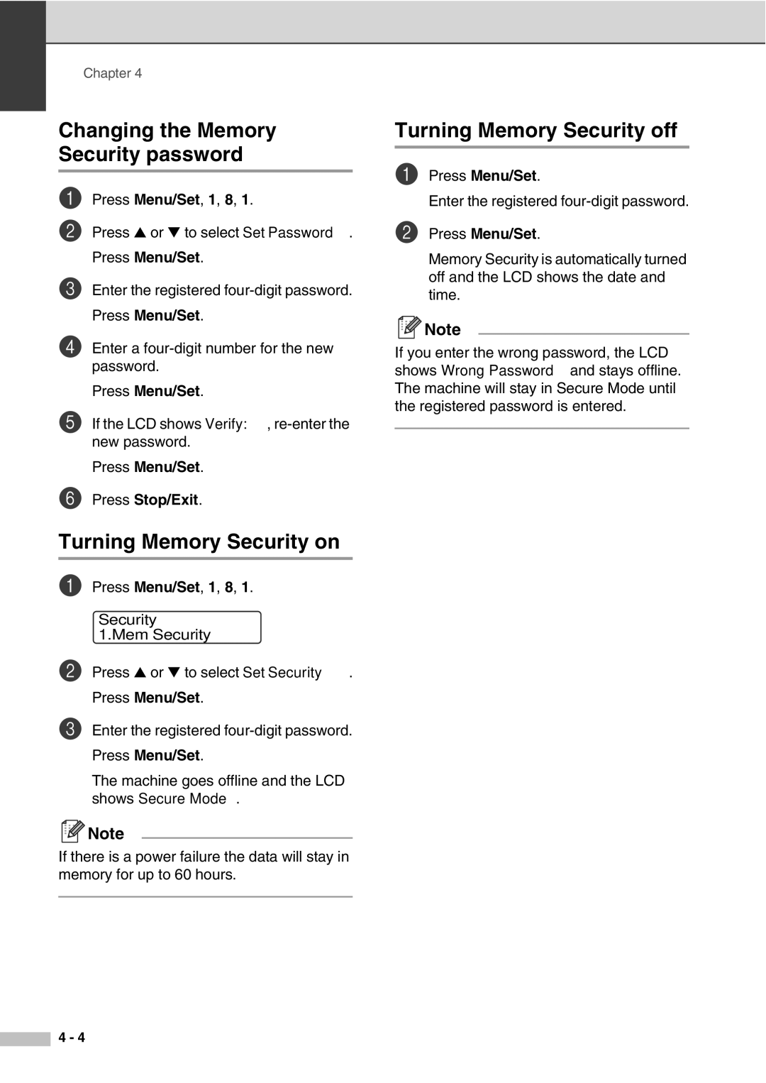 Savin SPC210SF manual Changing the Memory Security password, Turning Memory Security on, Turning Memory Security off 