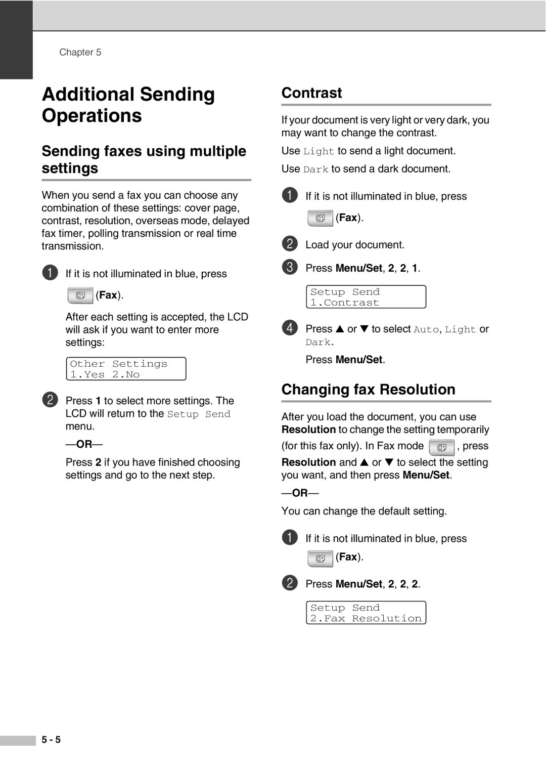 Savin SPC210SF Additional Sending Operations, Sending faxes using multiple settings, Contrast, Changing fax Resolution 