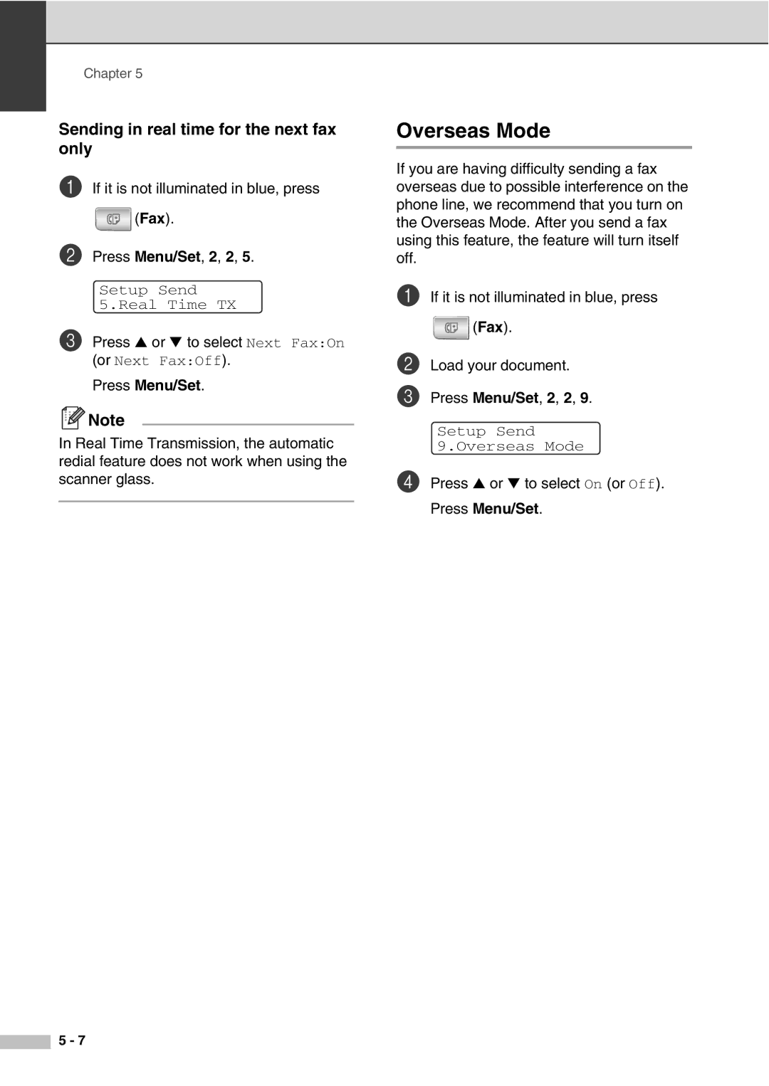 Savin SPC210SF manual Overseas Mode, Sending in real time for the next fax only 