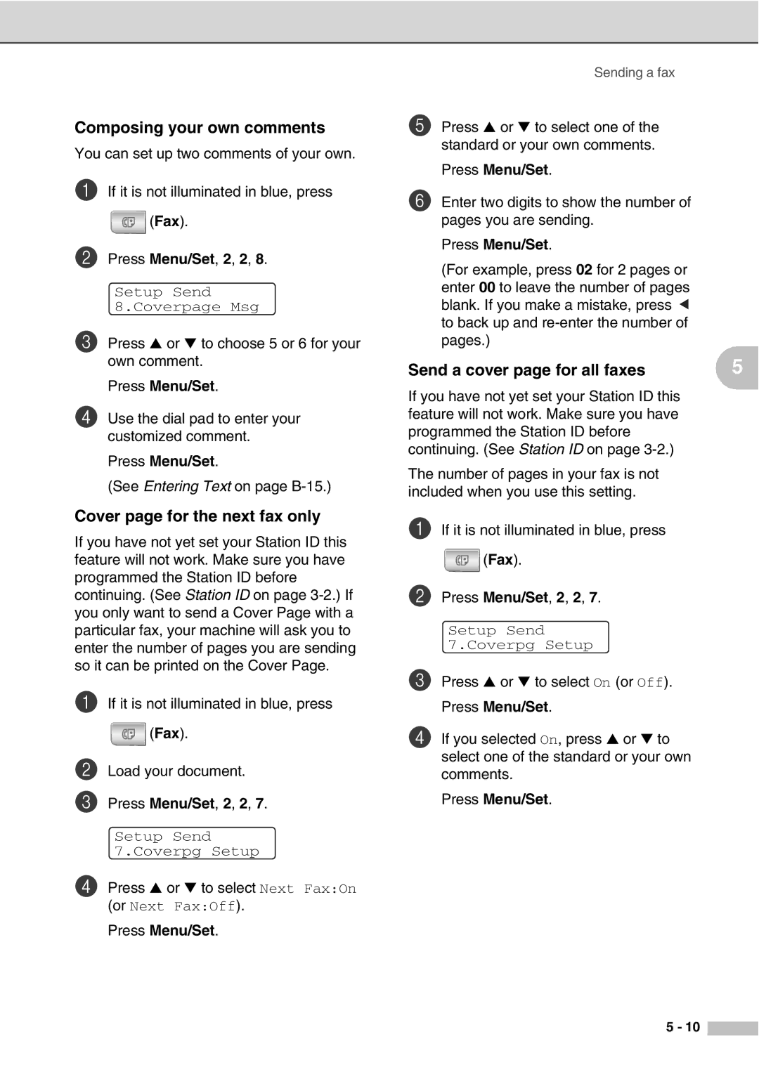 Savin SPC210SF manual Composing your own comments, Cover page for the next fax only, Send a cover page for all faxes 