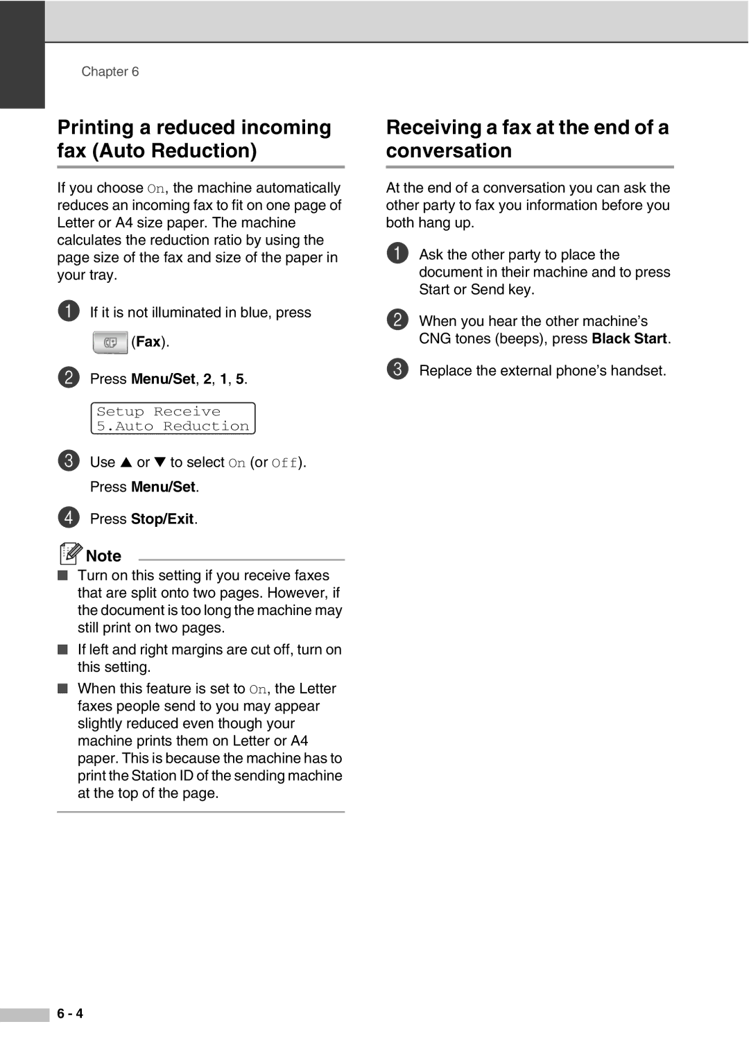 Savin SPC210SF manual Receiving a fax at the end of a conversation, Printing a reduced incoming fax Auto Reduction 