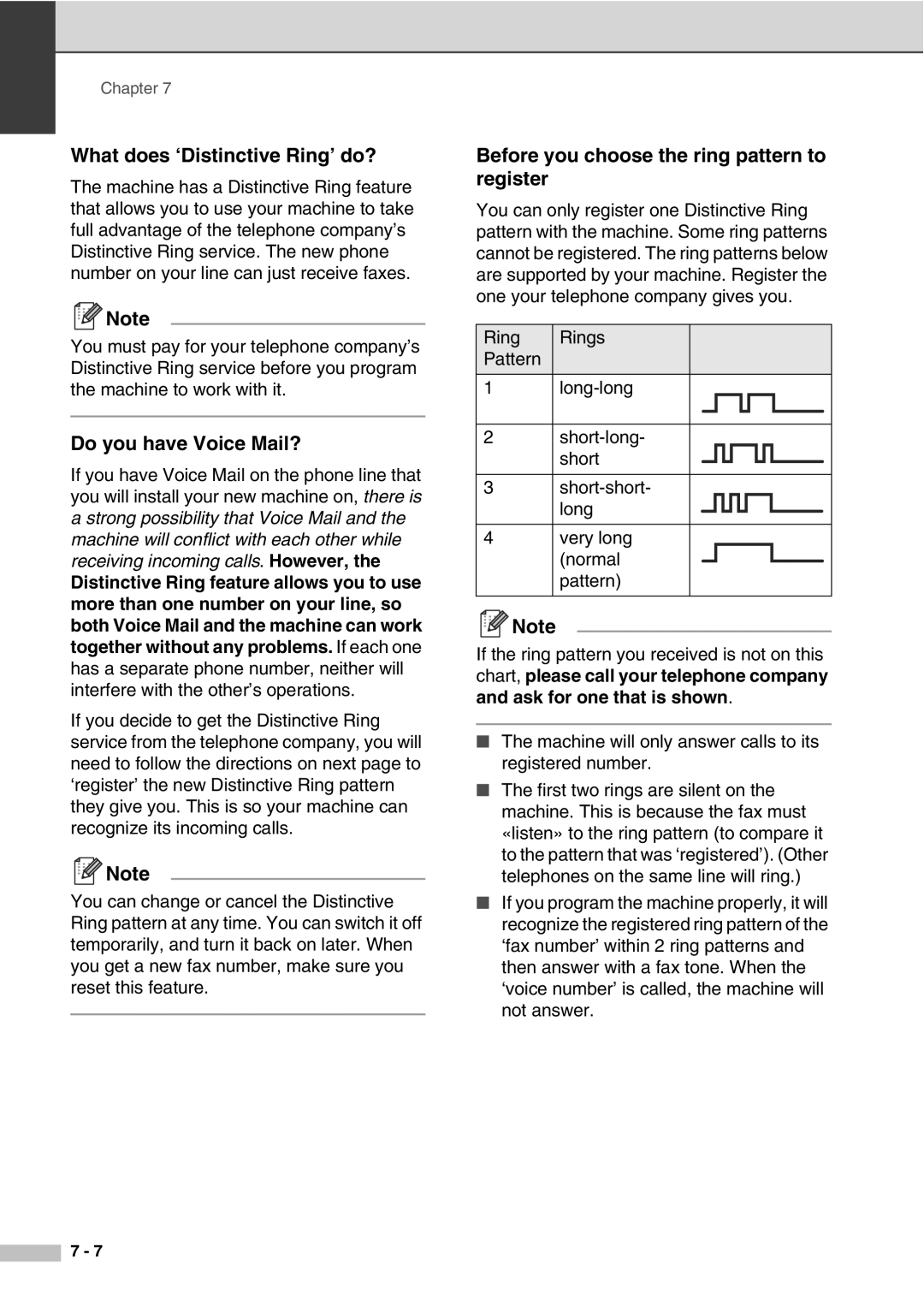 Savin SPC210SF What does ‘Distinctive Ring’ do?, Do you have Voice Mail?, Before you choose the ring pattern to register 