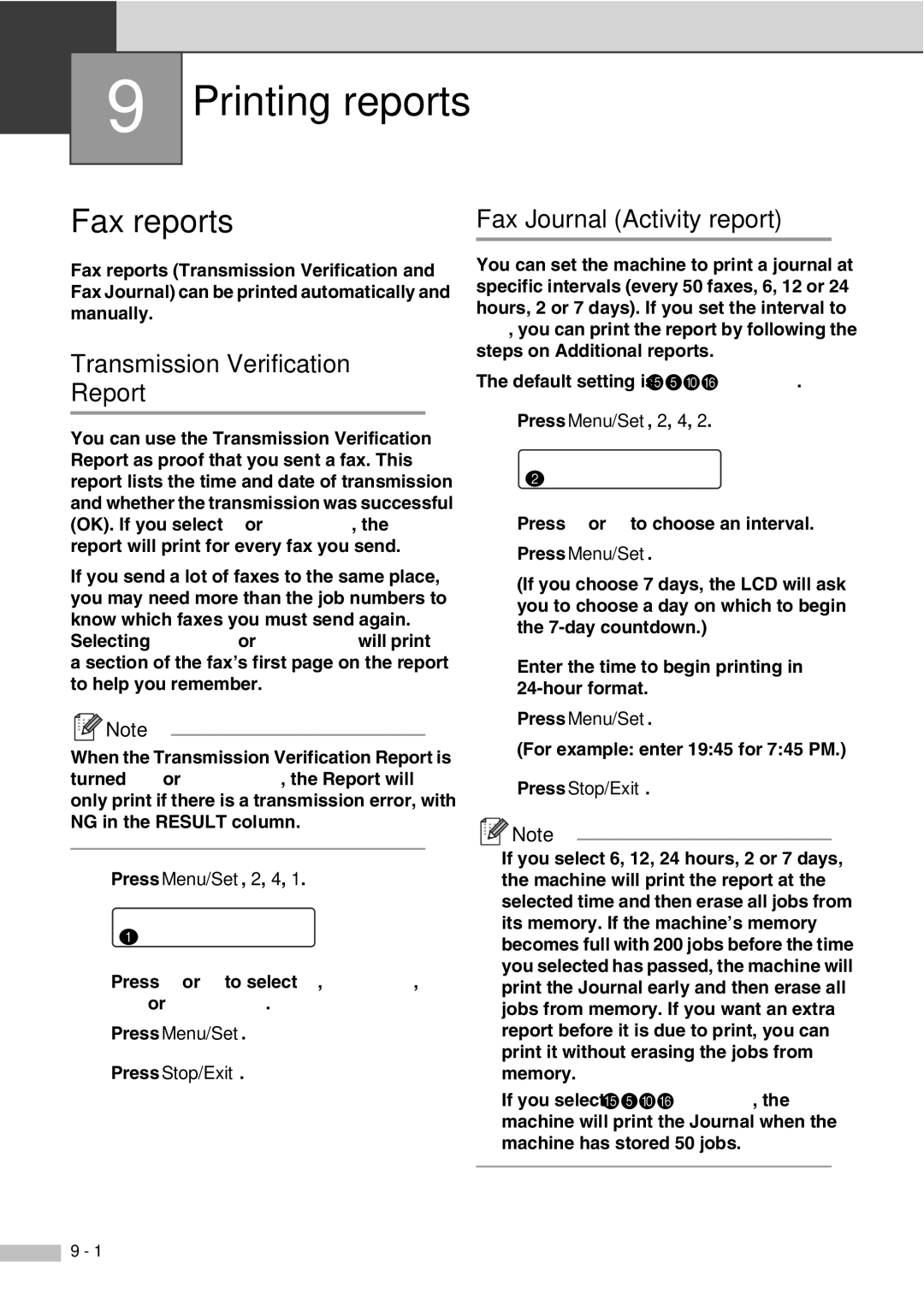 Savin SPC210SF manual Printing reports, Fax reports, Transmission Verification Report, Fax Journal Activity report 