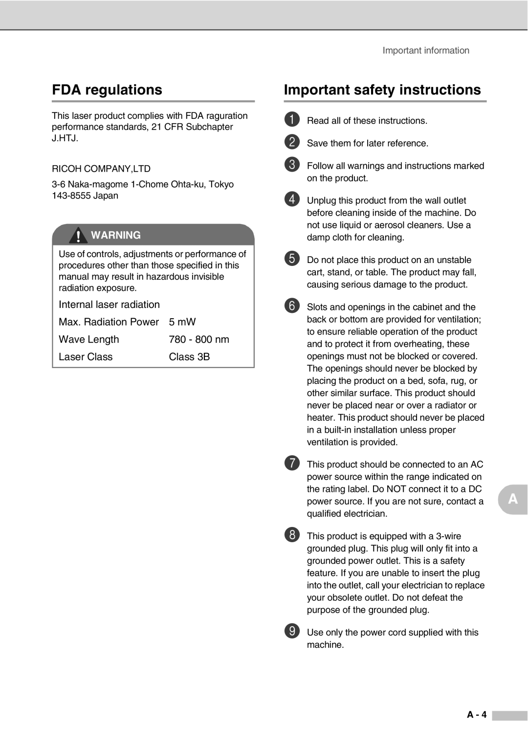 Savin SPC210SF manual FDA regulations, Important safety instructions 