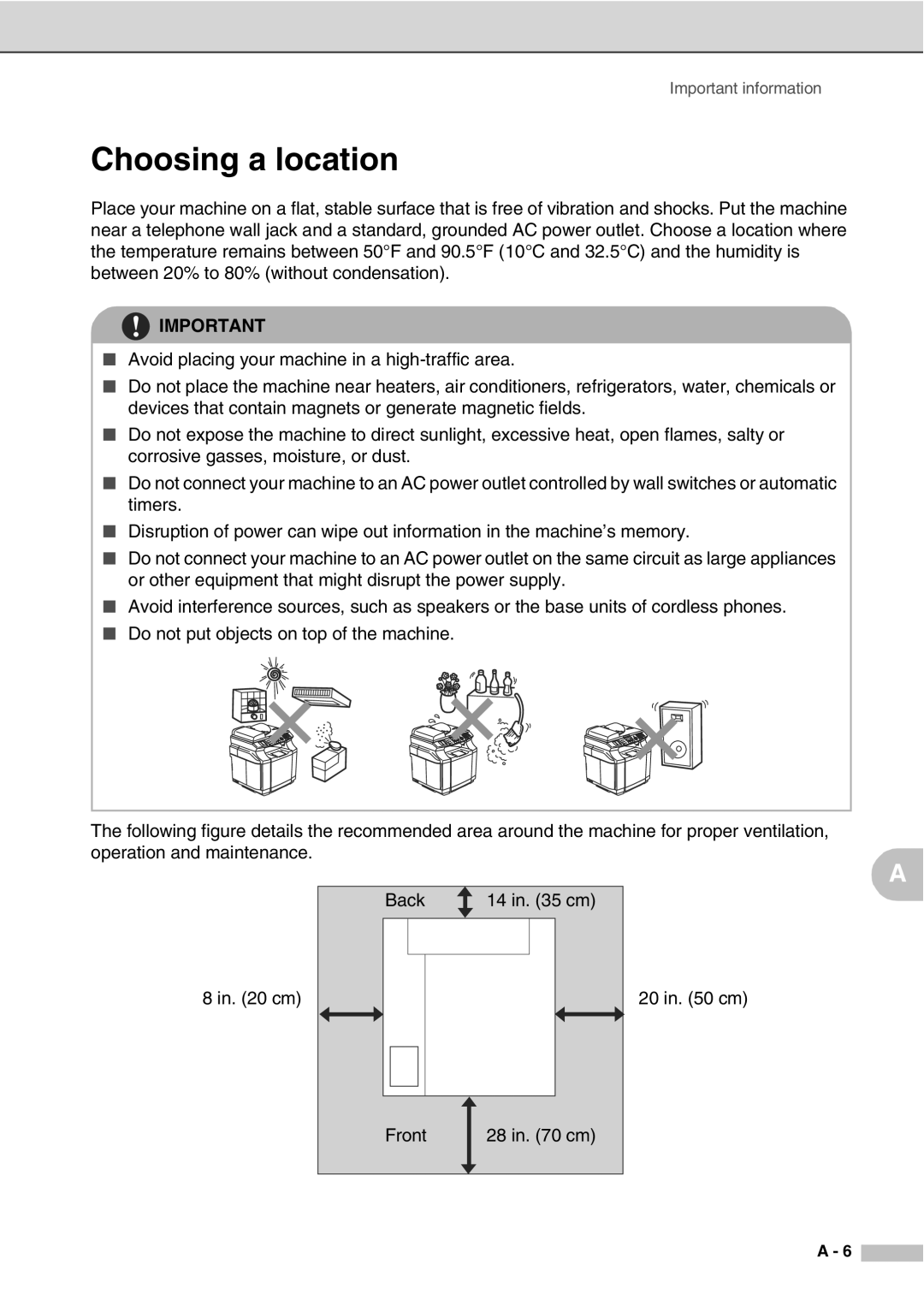 Savin SPC210SF manual Choosing a location 