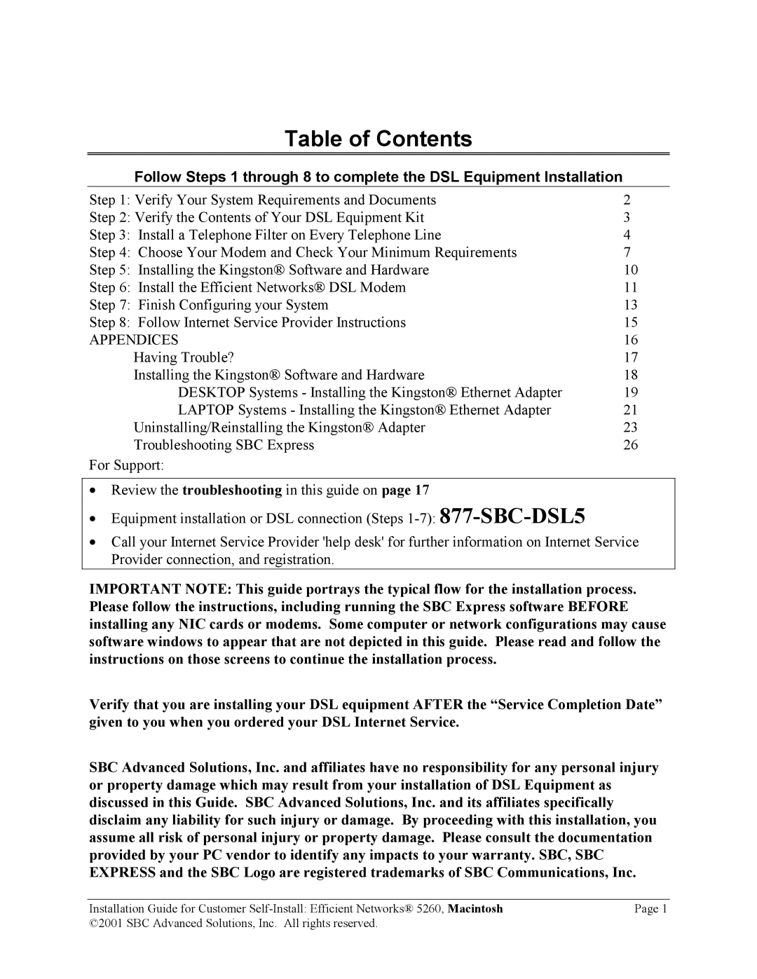 SBC comm 5260 manual Table of Contents 