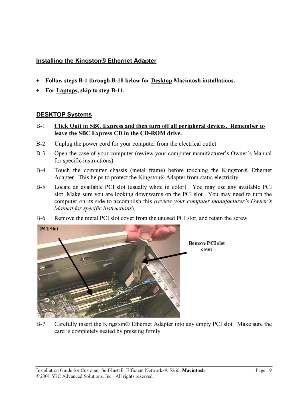 SBC comm 5260 manual Installing the Kingston Ethernet Adapter 