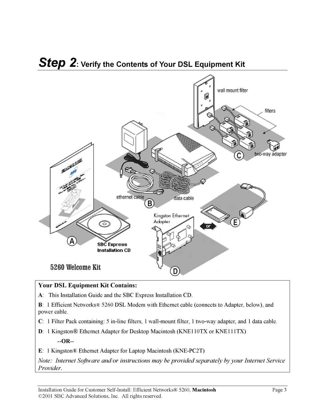 SBC comm 5260 manual Verify the Contents of Your DSL Equipment Kit 