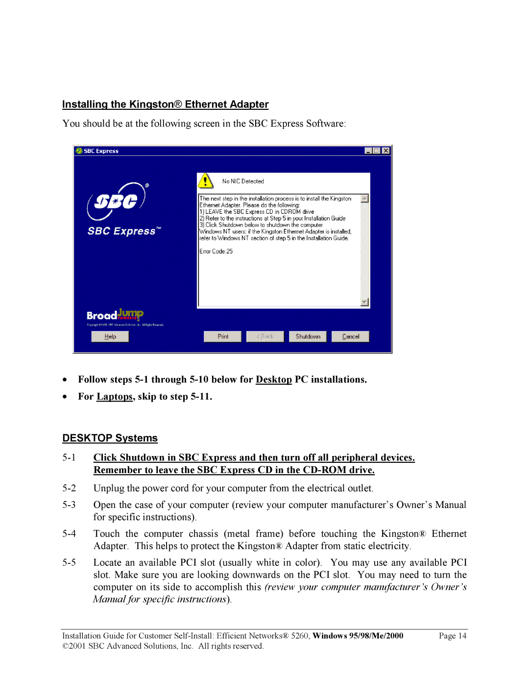 SBC comm 52609x02 manual Installing the Kingston Ethernet Adapter 