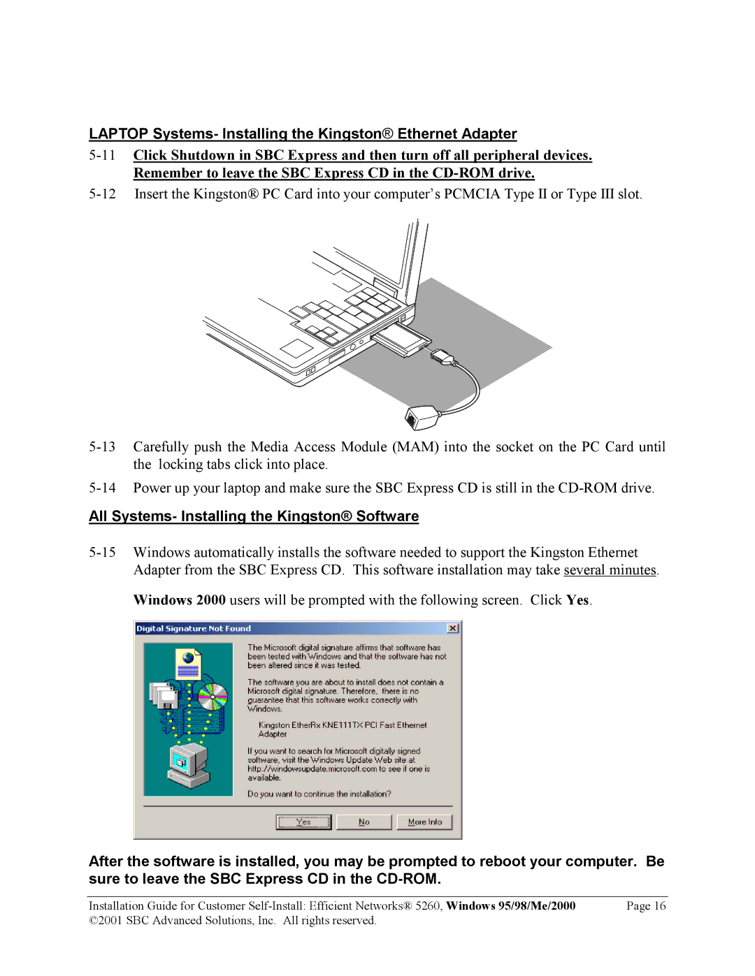 SBC comm 52609x02 manual Laptop Systems- Installing the Kingston Ethernet Adapter 