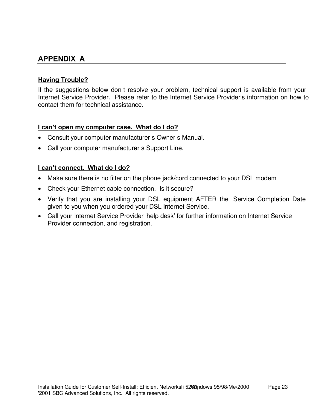 SBC comm 52609x02 manual Appendix a 