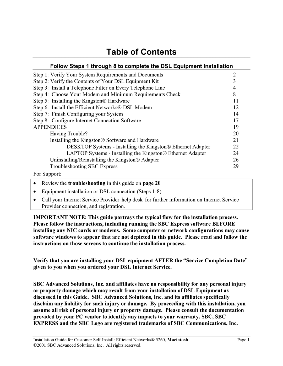 SBC comm 5260MC02A manual Table of Contents 