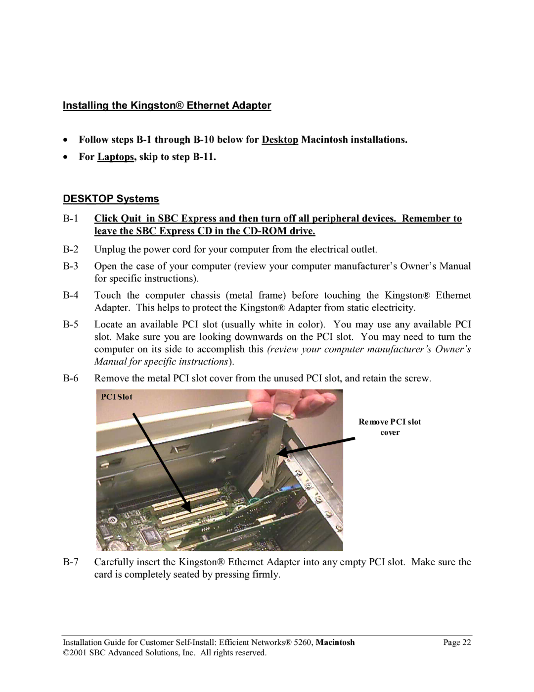 SBC comm 5260MC02A manual Installing the Kingston Ethernet Adapter 