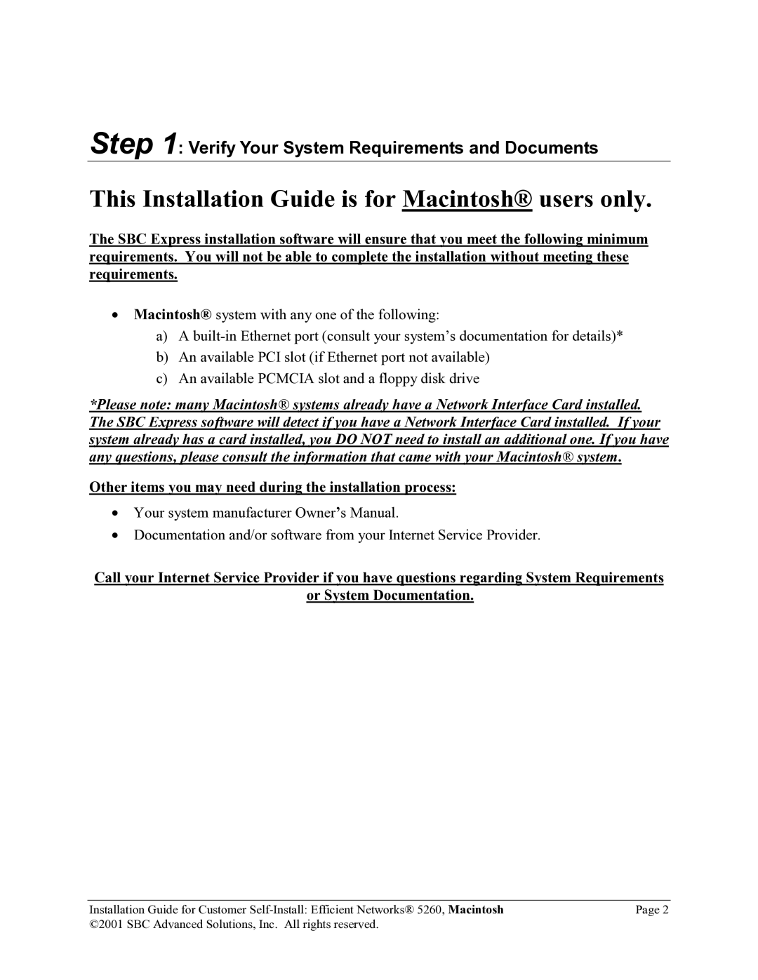 SBC comm 5260MC02A manual This Installation Guide is for Macintosh users only 