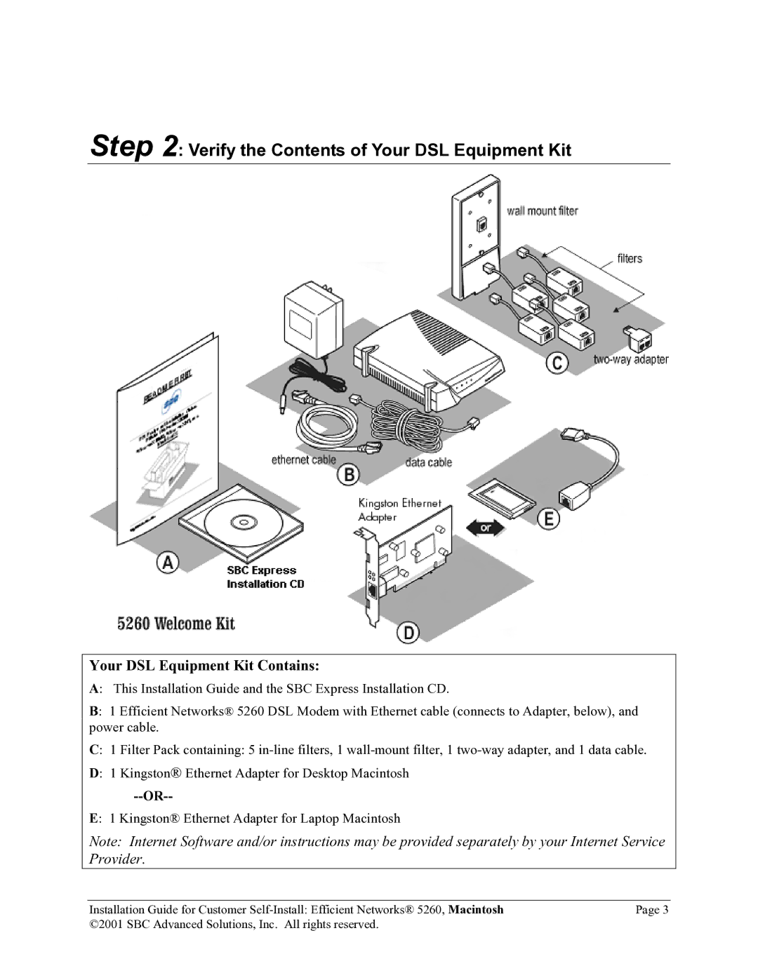 SBC comm 5260MC02A manual Verify the Contents of Your DSL Equipment Kit 