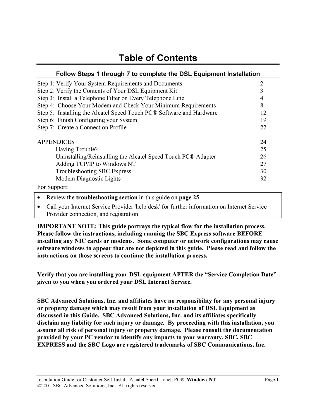 SBC comm AlcatelPCNT02A manual Table of Contents 