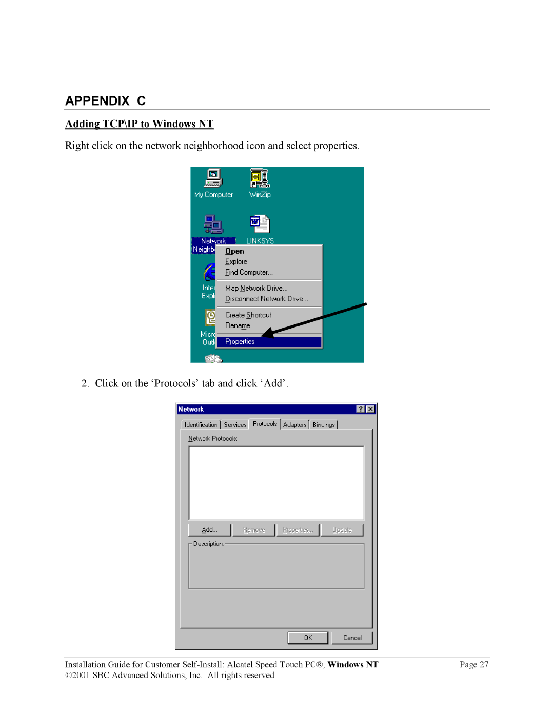 SBC comm AlcatelPCNT02A manual Appendix C, Adding TCP\IP to Windows NT 