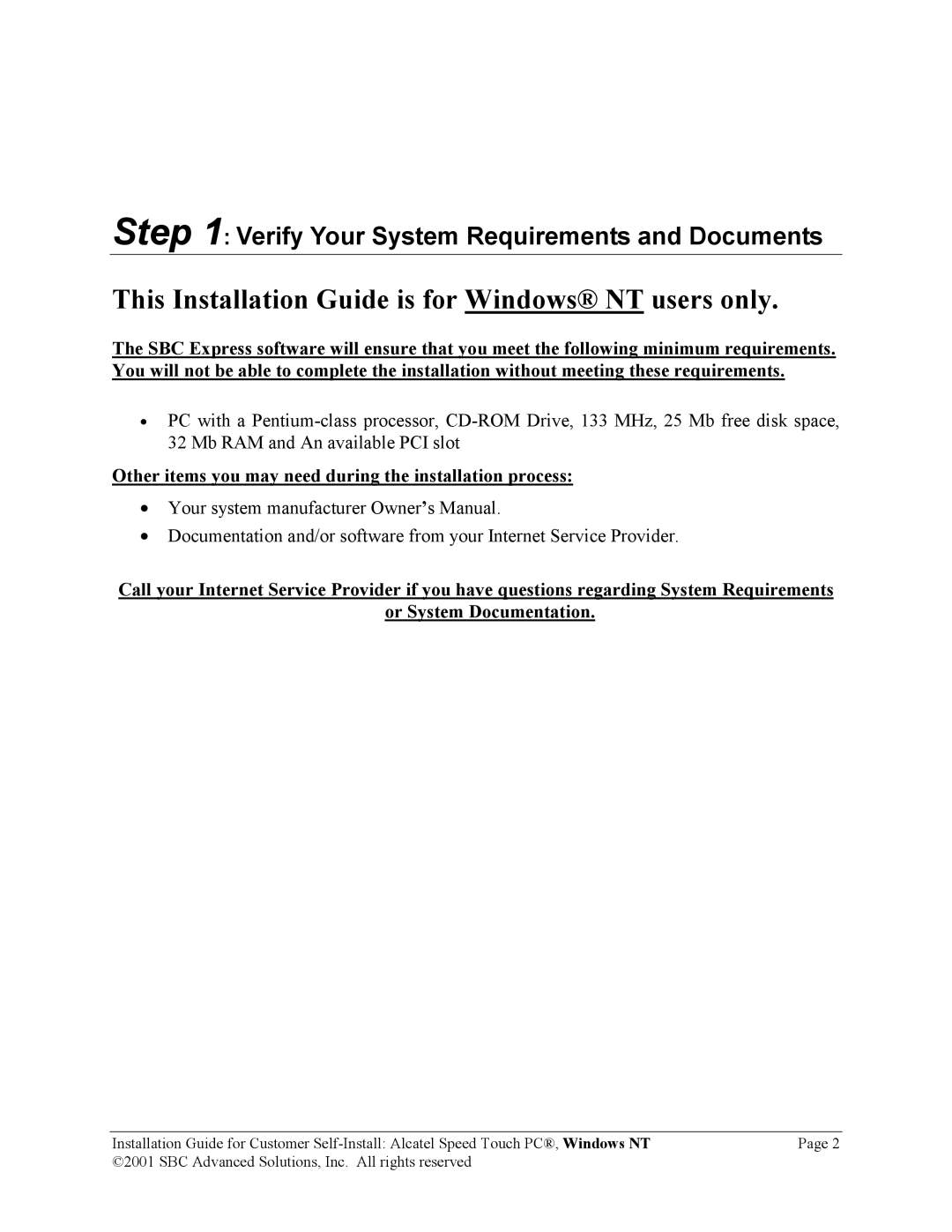 SBC comm AlcatelPCNT02A manual This Installation Guide is for Windows NT users only 