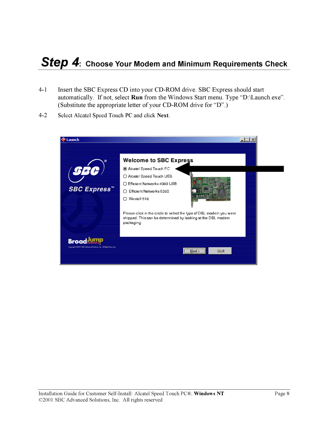 SBC comm AlcatelPCNT02A manual Choose Your Modem and Minimum Requirements Check 