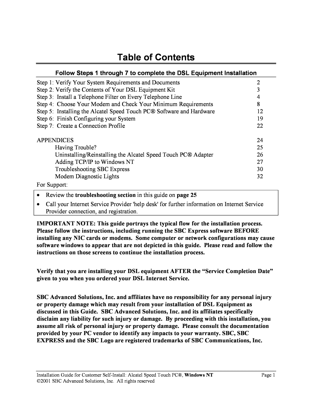 SBC comm AlcatelPCNT02A manual Table of Contents, Follow Steps 1 through 7 to complete the DSL Equipment Installation 