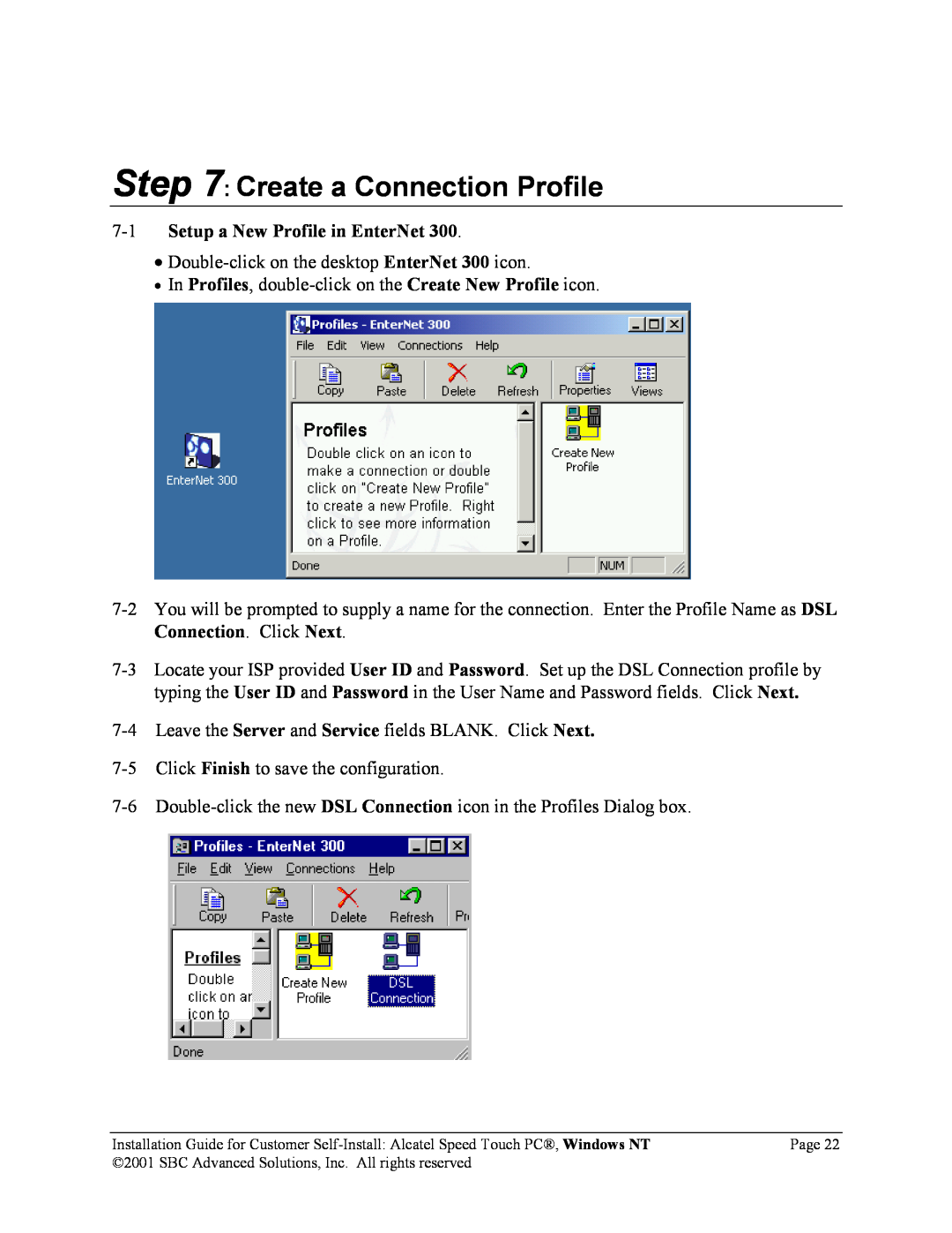 SBC comm AlcatelPCNT02A manual Create a Connection Profile, Setup a New Profile in EnterNet 