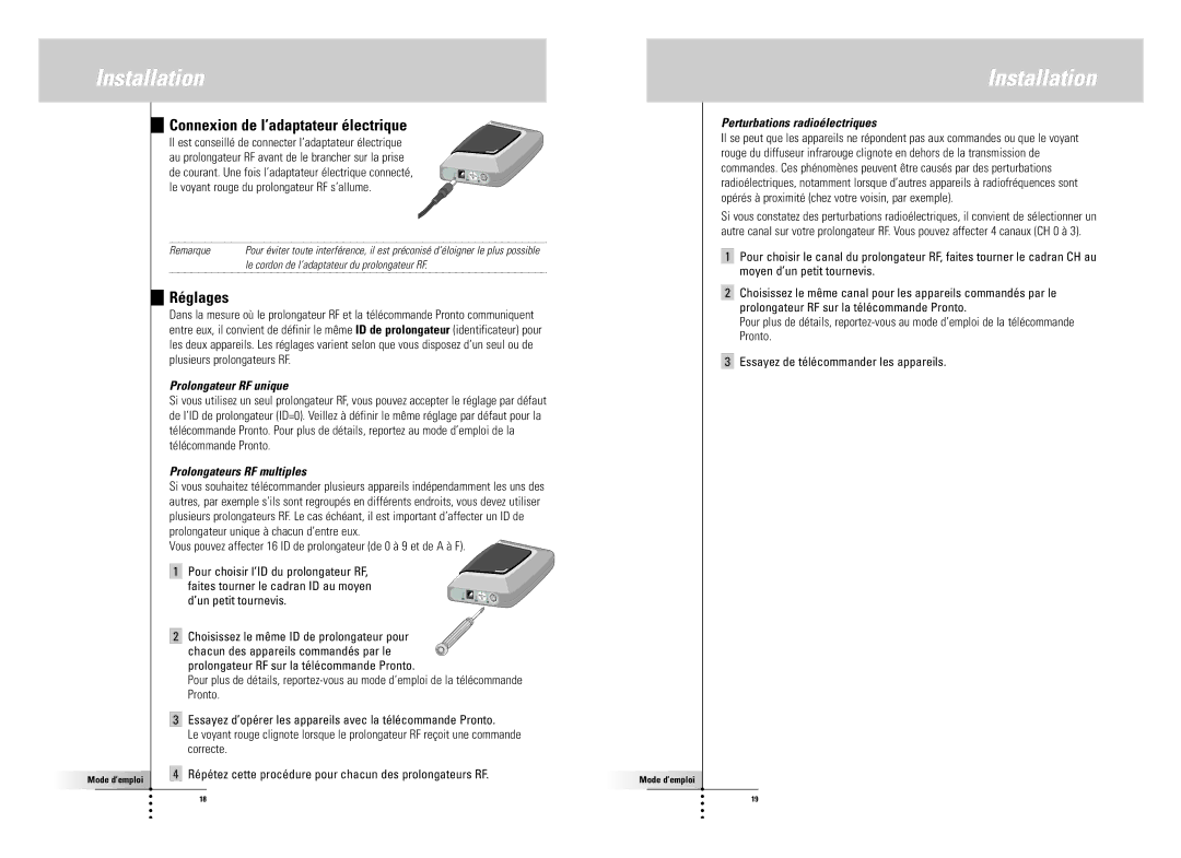 SBC comm LI900SBC manual Connexion de l’adaptateur électrique, Réglages, Prolongateur RF unique, Prolongateurs RF multiples 