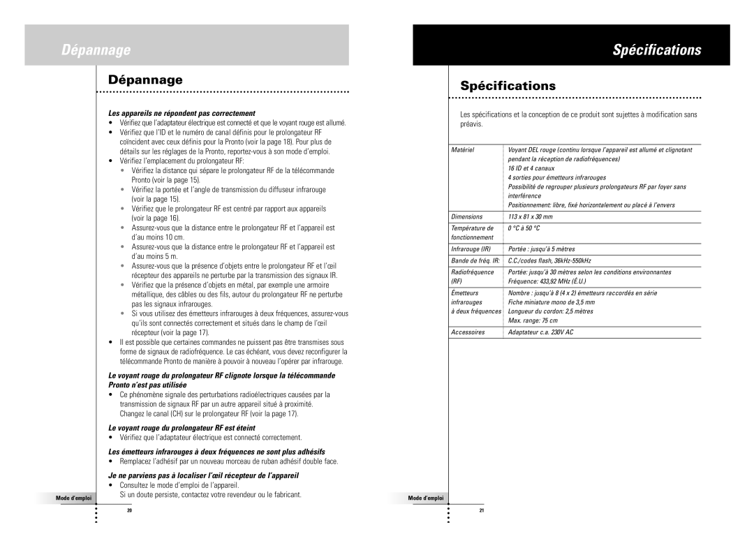 SBC comm LI900SBC manual Dépannage Spécifications, Les appareils ne répondent pas correctement 