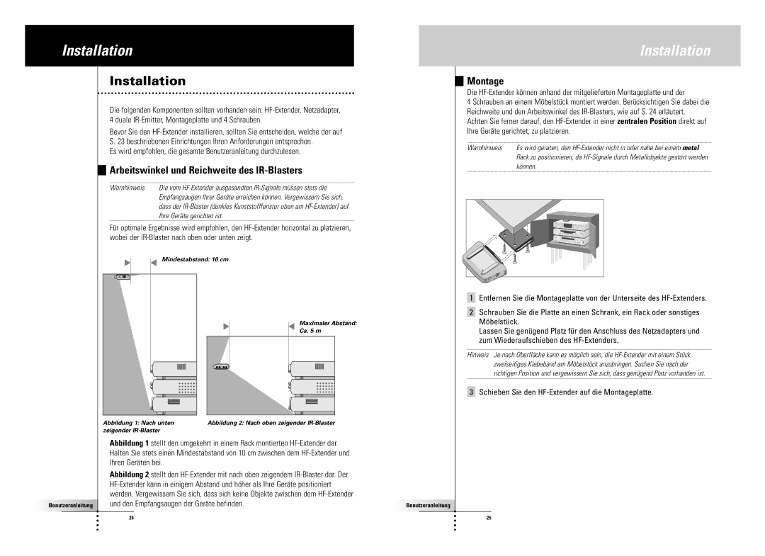 SBC comm LI900SBC manual Arbeitswinkel und Reichweite des IR-Blasters, Montage, Warnhinweis, Ihre Geräte gerichtet ist 