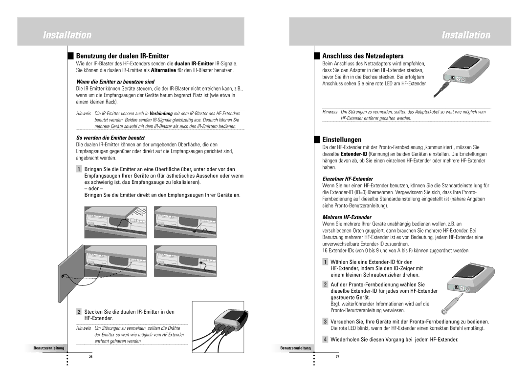 SBC comm LI900SBC manual Benutzung der dualen IR-Emitter, Anschluss des Netzadapters, Einstellungen 