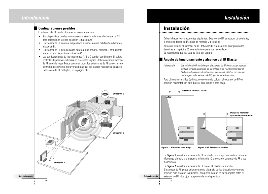 SBC comm LI900SBC manual Instalación, Configuraciones posibles, Ángulo de funcionamiento y alcance del IR Blaster 