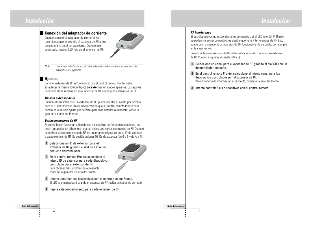 SBC comm LI900SBC manual Conexión del adaptador de corriente, Ajustes, Un solo extensor de RF, Varios extensores de RF 