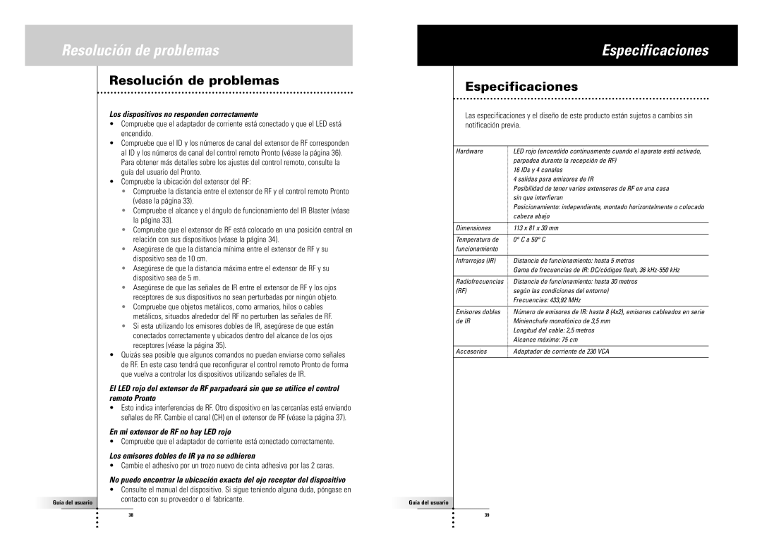 SBC comm LI900SBC manual Resolución de problemas Especificaciones 