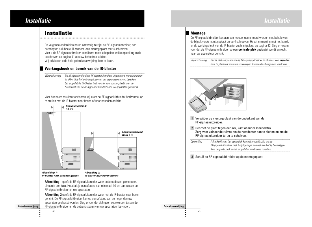 SBC comm LI900SBC manual Installatie, Werkingshoek en bereik van de IR-blaster, RF-signaaluitbreider en uw apparaten 