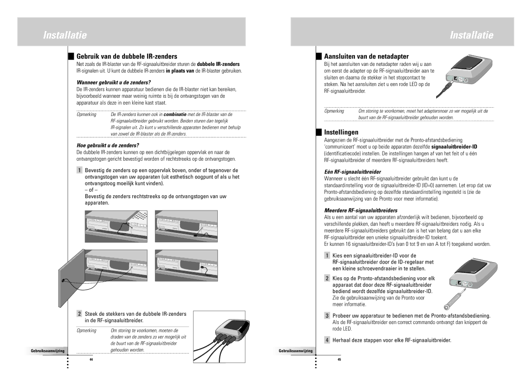 SBC comm LI900SBC manual Gebruik van de dubbele IR-zenders, Aansluiten van de netadapter, Instellingen 