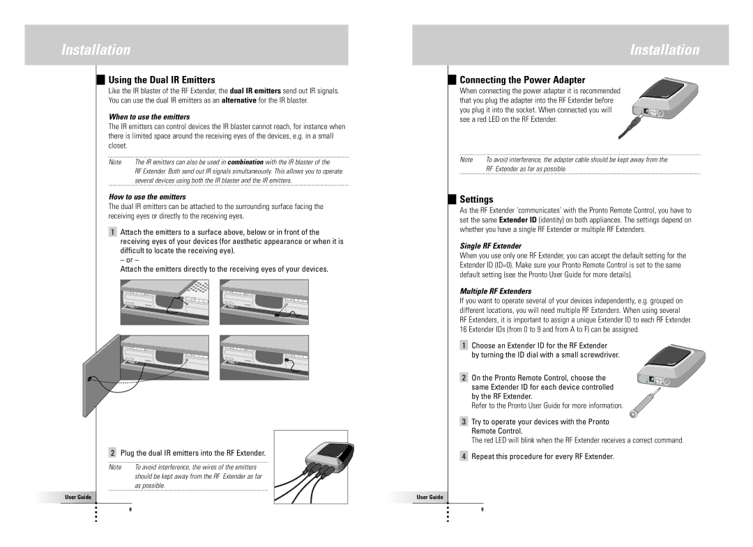 SBC comm LI900SBC manual Using the Dual IR Emitters, Connecting the Power Adapter, Settings 