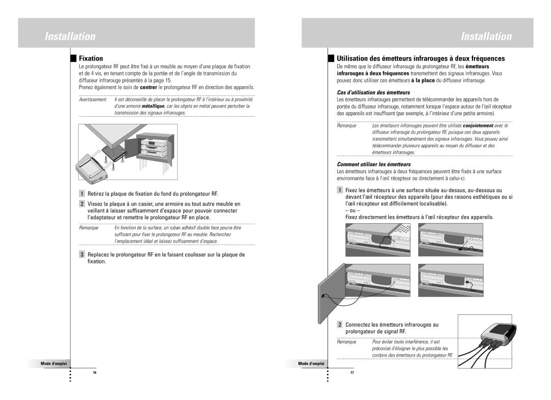 SBC comm LI900SBC manual Fixation, Utilisation des émetteurs infrarouges à deux fréquences, Cas d’utilisation des émetteurs 