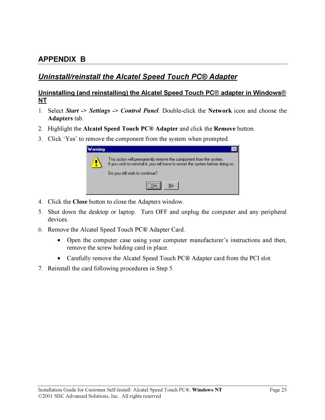 SBC comm PCNT02 manual Uninstall/reinstall the Alcatel Speed Touch PC Adapter 