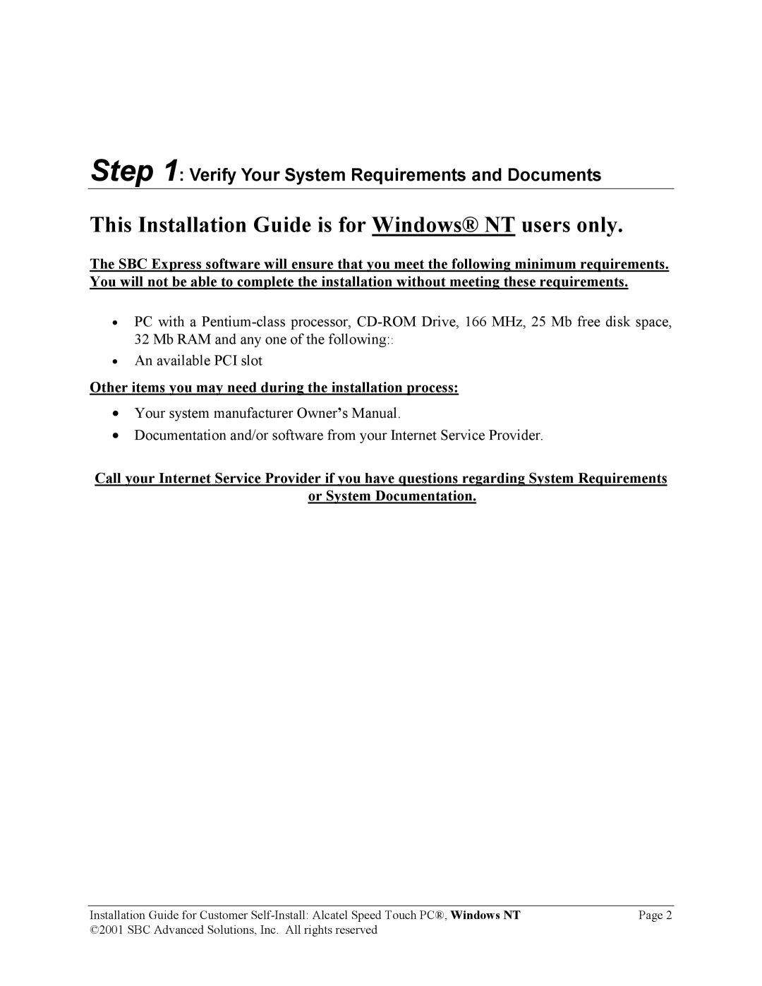 SBC comm PCNT02 manual This Installation Guide is for Windows NT users only 