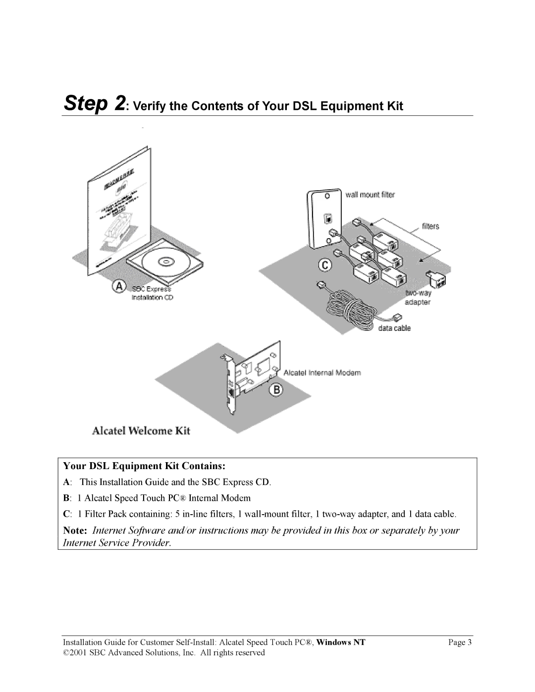 SBC comm PCNT02 manual Verify the Contents of Your DSL Equipment Kit 