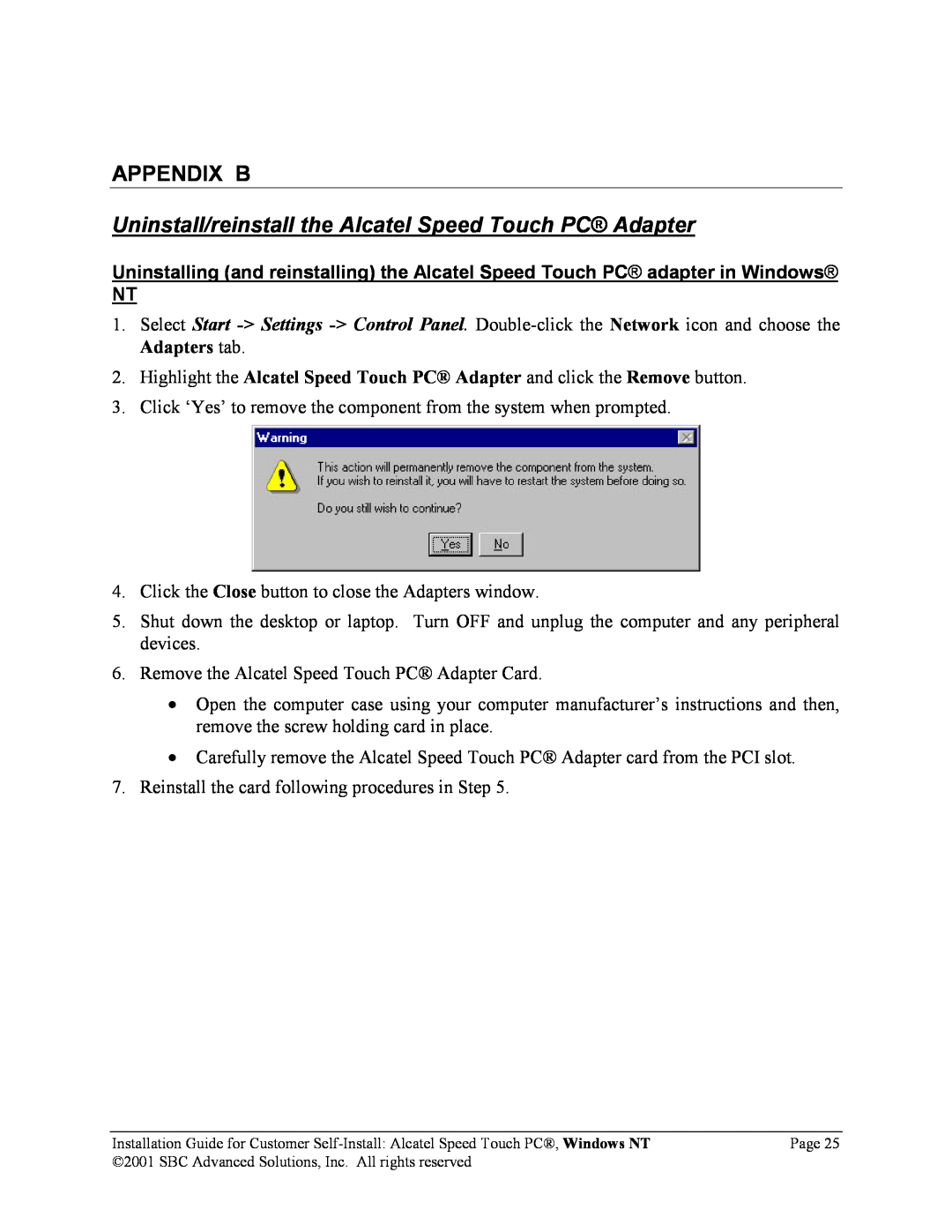 SBC comm PCNT02 manual Appendix B, Uninstall/reinstall the Alcatel Speed Touch PC Adapter 