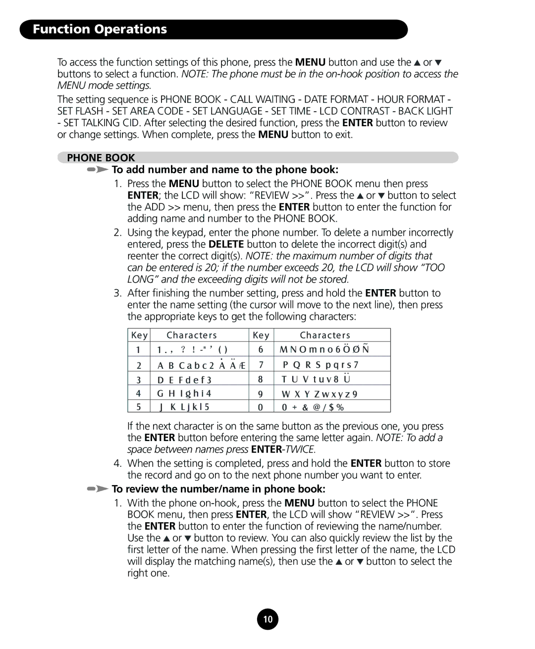 SBC comm SBC-116 user manual Function Operations, Phone Book, To add number and name to the phone book 