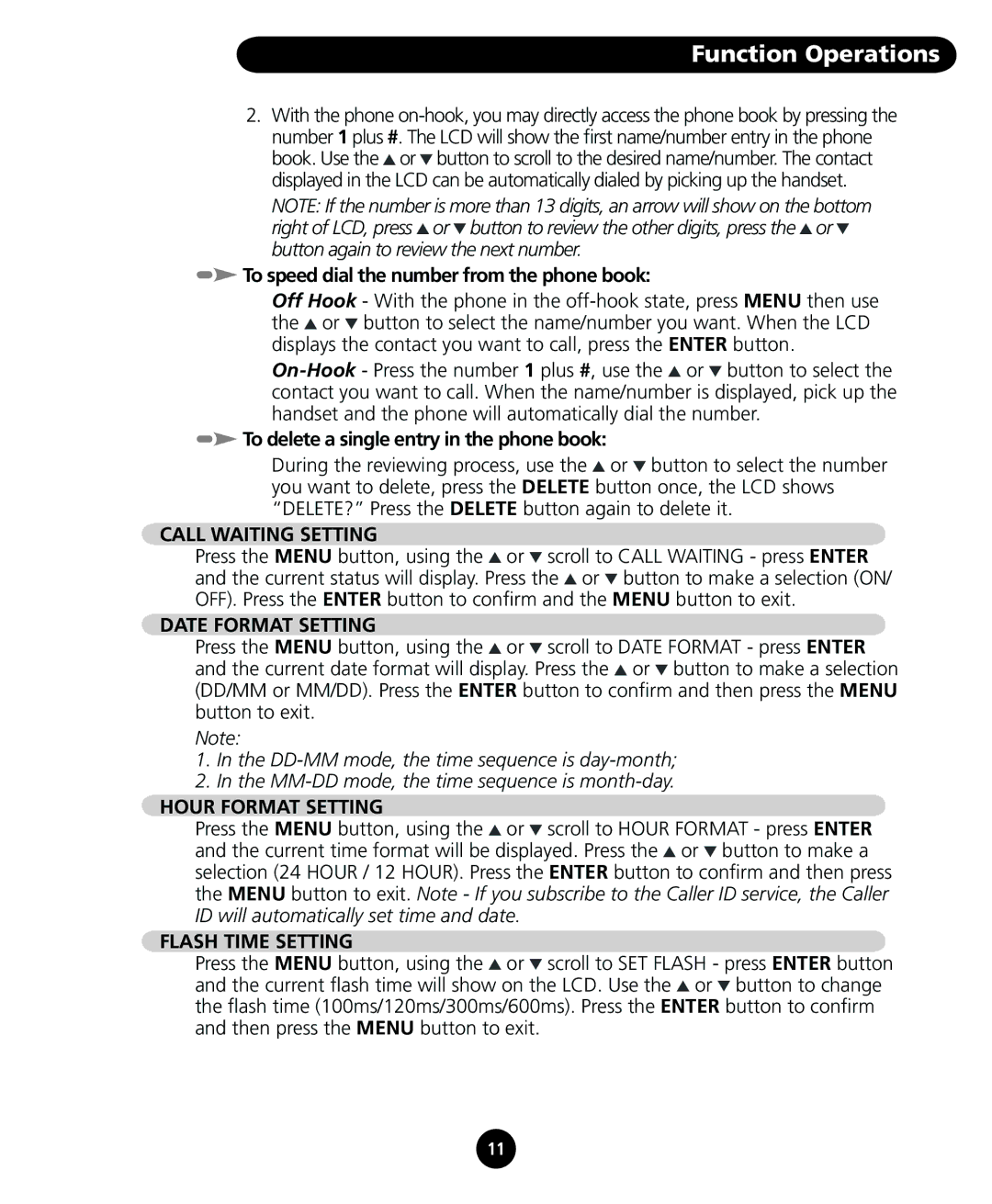 SBC comm SBC-116 user manual Call Waiting Setting, Date Format Setting, Hour Format Setting, Flash Time Setting 